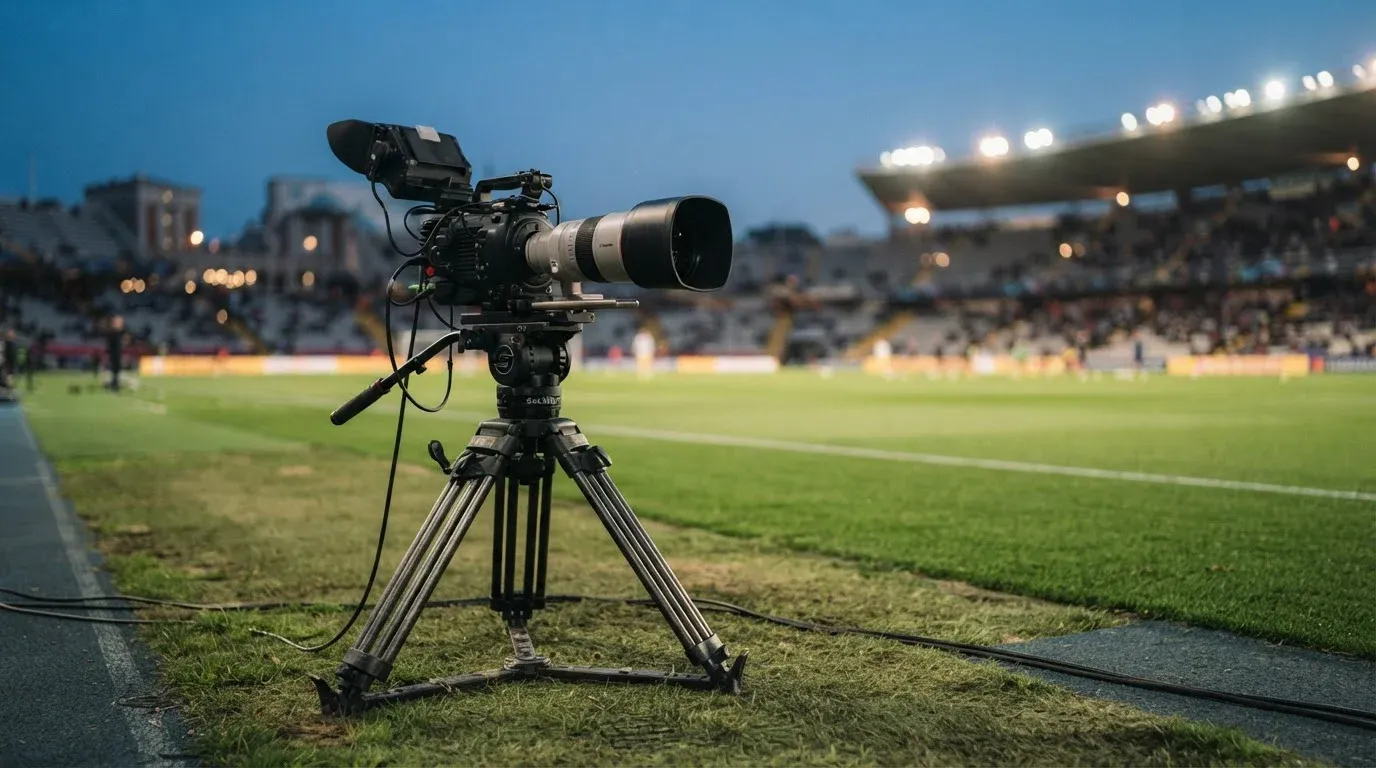 Fernsehkamera neben einem beleuchteten Fußballfeld am Abend