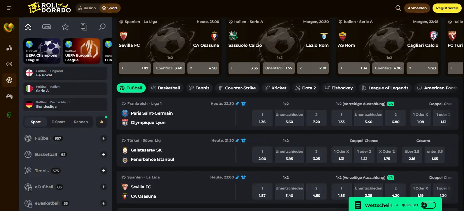 Sportwettenrubrik von Rolldorado mit Sportauswahl und Wettangebot