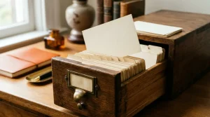 Sortierte Papierkarteikarten in einer hölzernen Schreibtischkartei