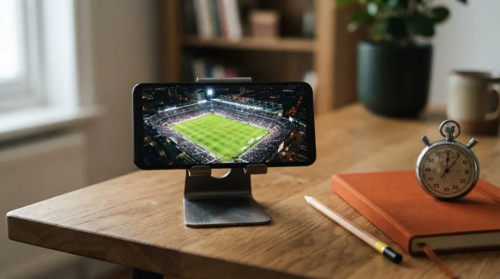Smartphone auf einem Ständer mit einer Stadionansicht neben Notizbuch und Stoppuhr auf einem Holztisch