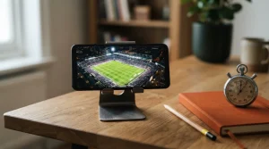 Smartphone auf einem Ständer mit einer Stadionansicht neben Notizbuch und Stoppuhr auf einem Holztisch