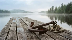 Schwerer Bootsanker auf einem hölzernen Steg am See