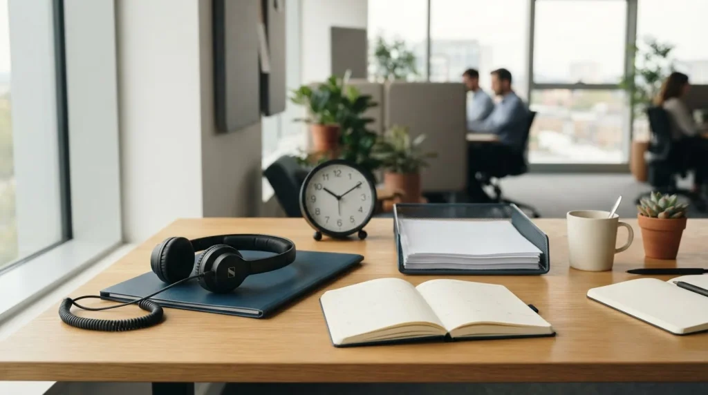 Kundendienst-Schreibtisch mit Headset, Dokumentenablage und Terminkalender